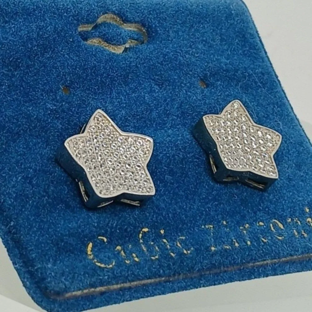 Vintage 1990s Silver Tone Cubic Zirconia Star Stud Micro Pave Earrings Deadstock